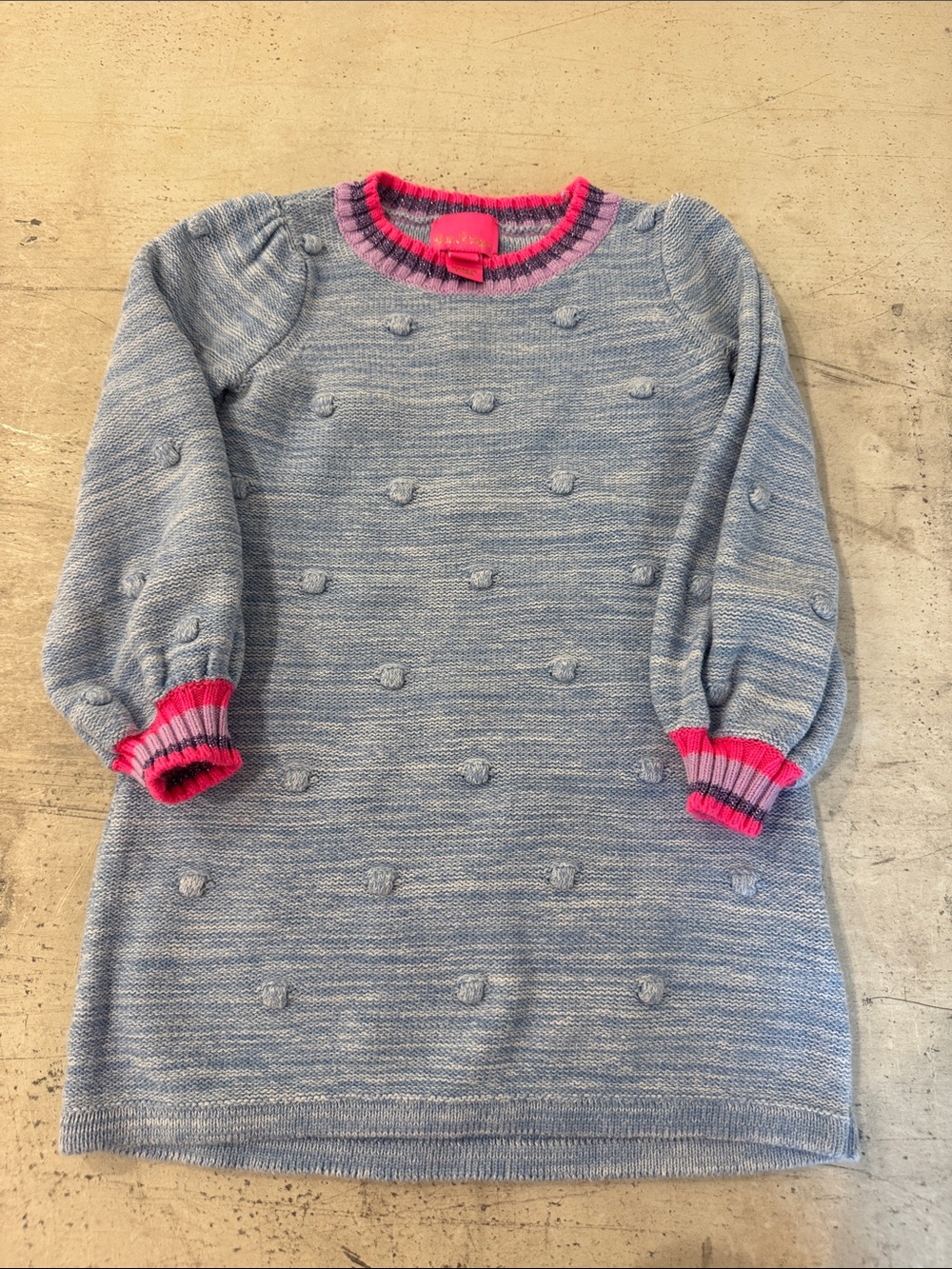 Lilly Pulitzer Light Blue Knit Pom-Pom Sweater Dress with Pink Trim